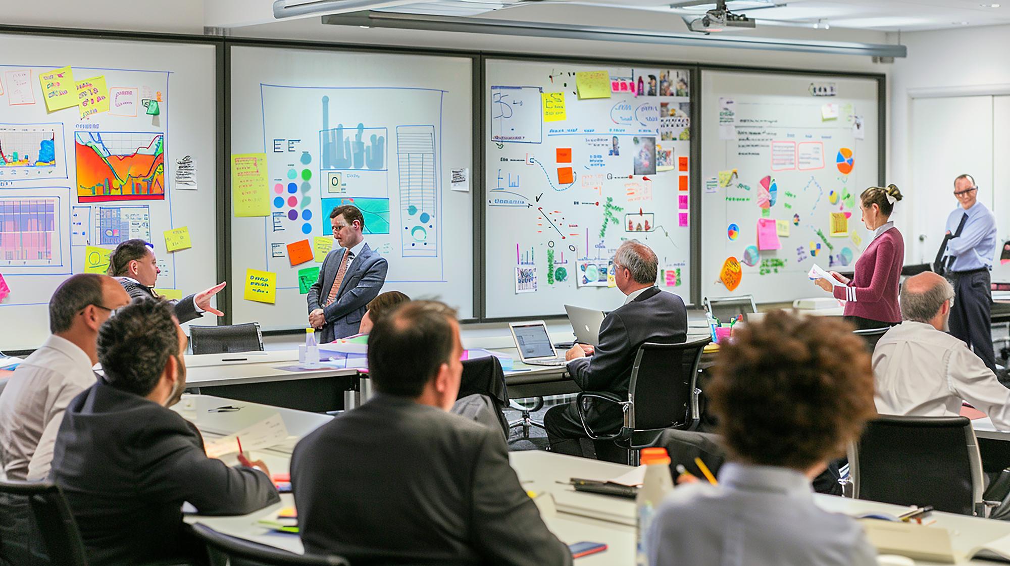 Diverse advisory specialists collaborating on enterprise solutions in modern office